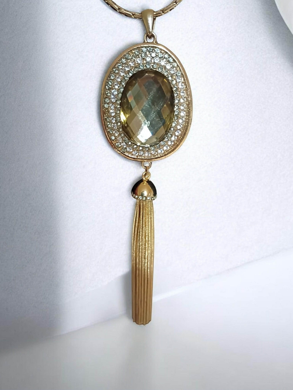 Gold Crystal Oval Pendant Necklace with Tassel